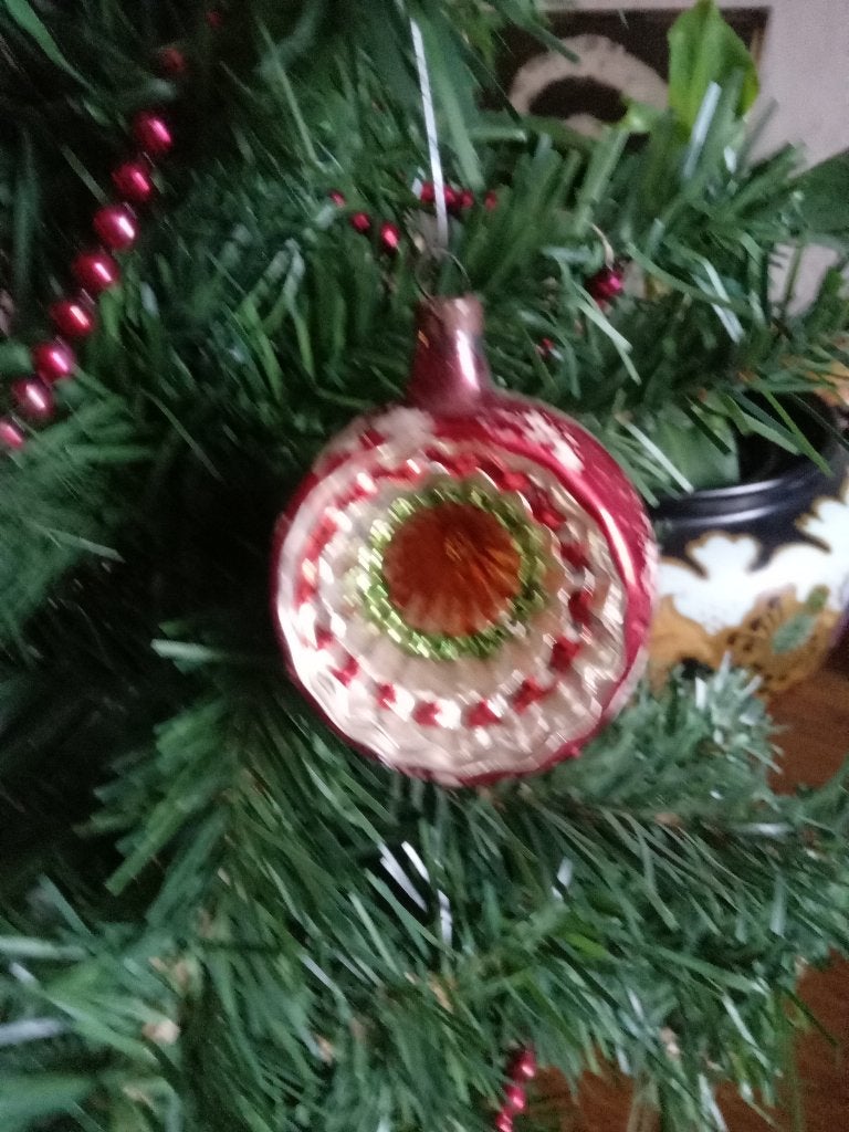 oude glazen kerstbal model deukbal rood zilver, Ophalen of Verzenden, Gebruikt