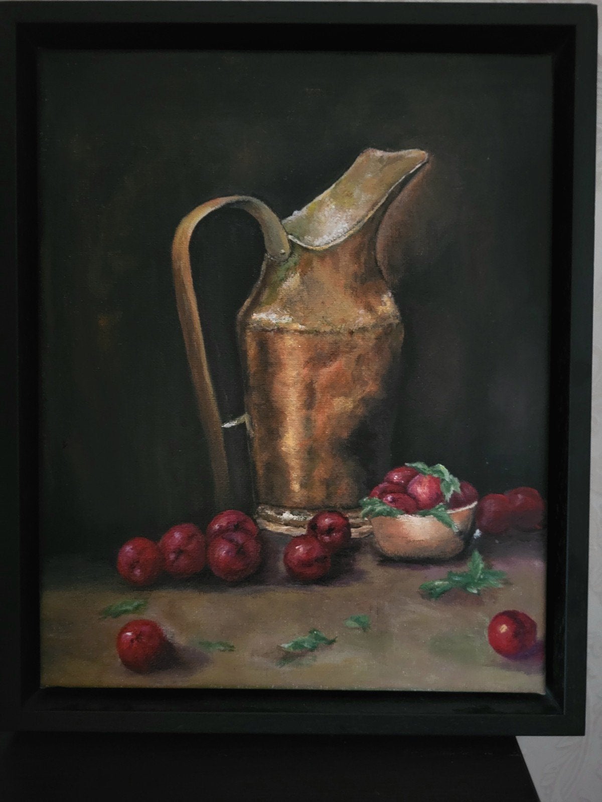 schilderij Koperen kan met kersen, Ophalen of Verzenden, Nieuw, Minder dan 50 cm, Schilderij