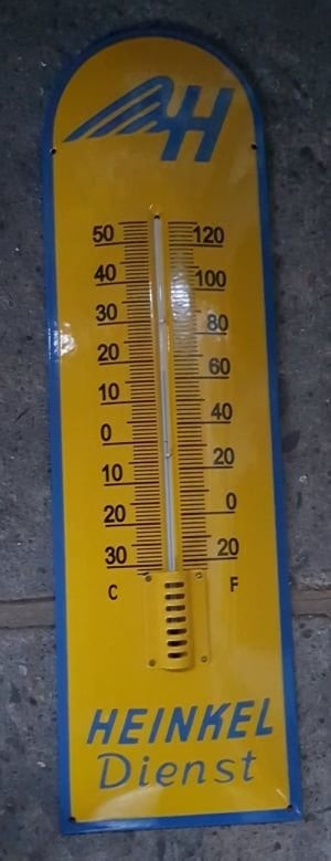 Grote Heinkel dienst thermometer retro vintage reclame, Emaillen thermometers, Gebruiksvoorwerp, Ophalen of Verzenden, Zo goed als nieuw