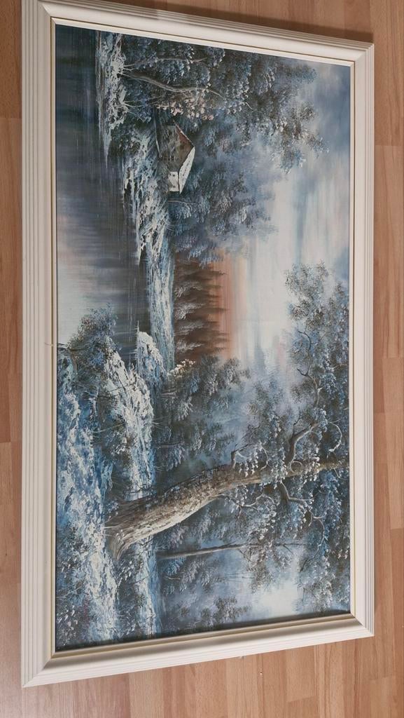 Schilderij Winterlandschap met Huisje en Rivier, Ophalen of Verzenden