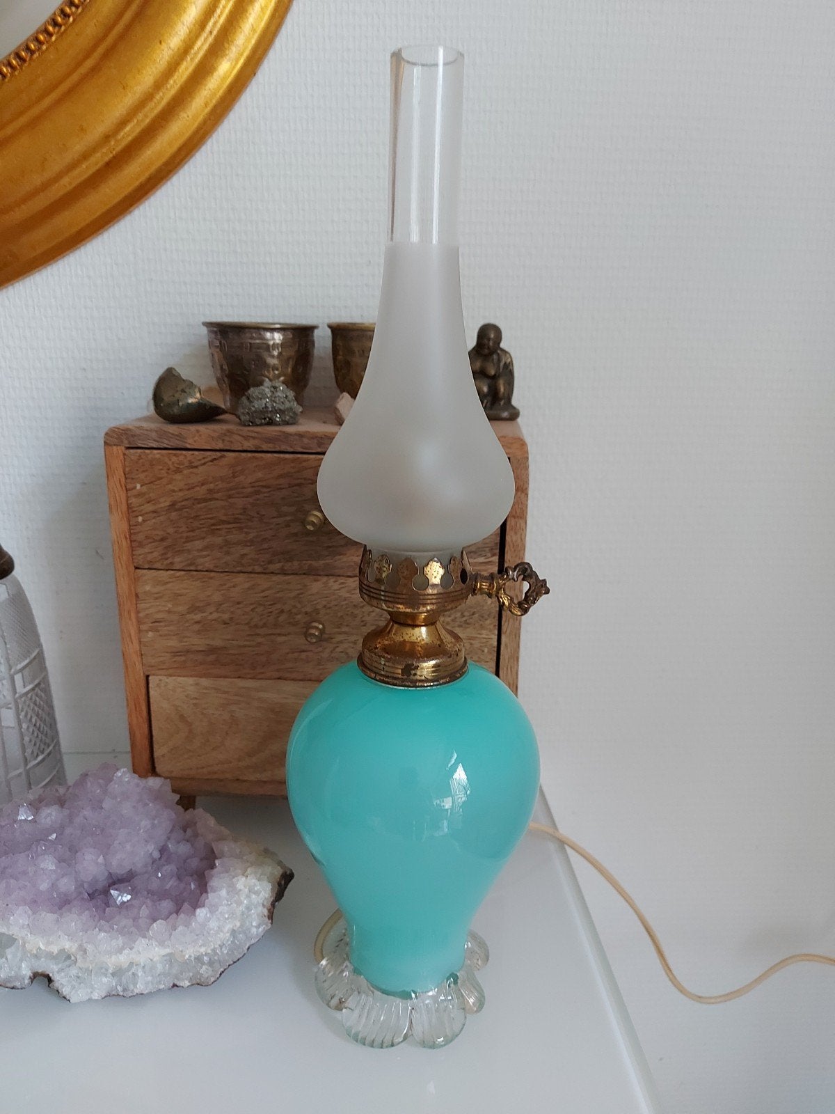 Murano Opaline Tafellamp - Vintage Turquoise Glas, Antiek en Kunst, Ophalen of Verzenden