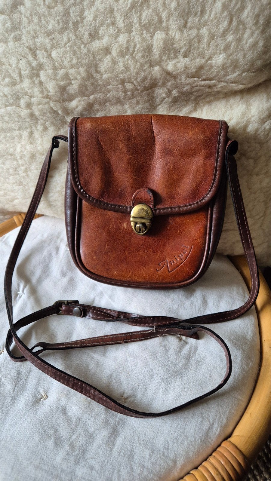 Anipel cognac leren schoudertas verstelbaar vintage, Overige merken, Gebruikt, Bruin, Ophalen of Verzenden