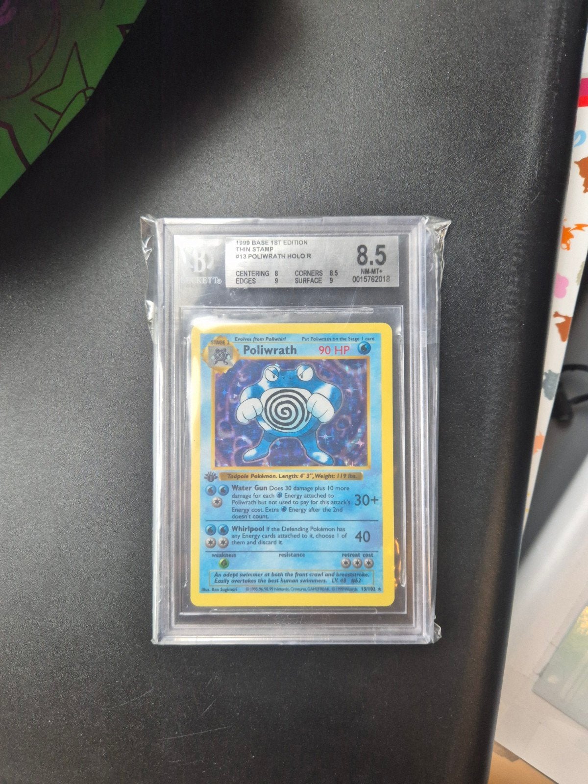 Pokemon Poliwrath #13 Holo base set 1st Edition BGS 8.5 Thin, Ophalen of Verzenden, Zo goed als nieuw, Losse kaart, Foil