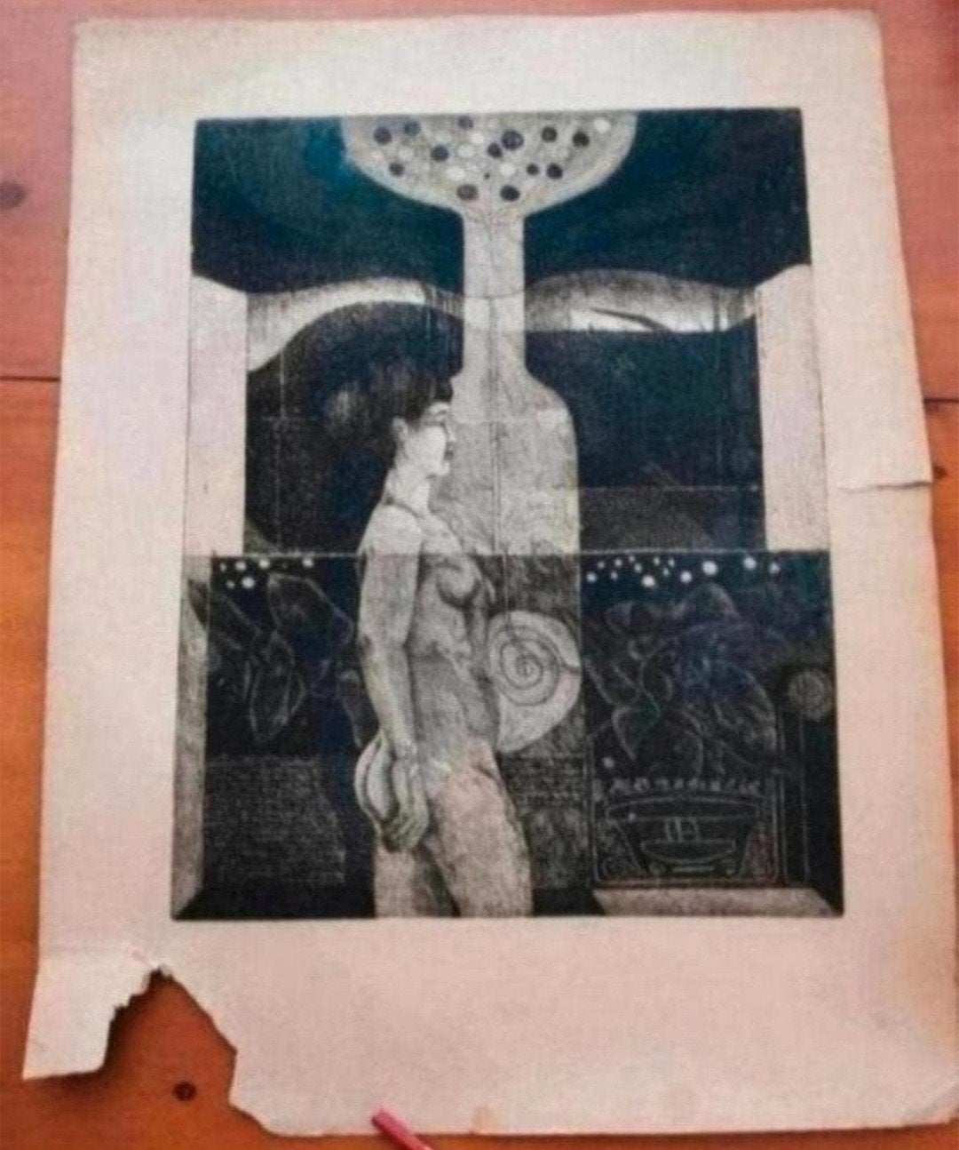 Vintage Ets: Naakte Vrouw met Botanische Elementen.Erik Pape, Dagelijks leven, Ophalen of Verzenden, Origineel, 1950 - 1999