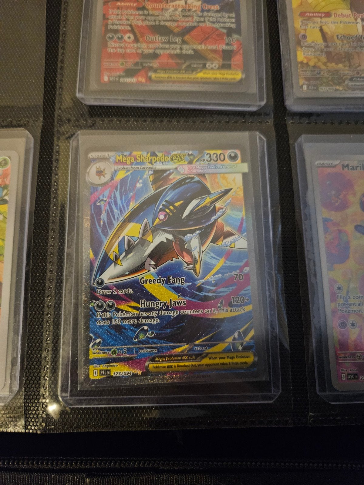 Pokemon Mega Sharpedo ex 127/094 Phantasmal Flames, Ophalen of Verzenden, Zo goed als nieuw, Losse kaart, Foil