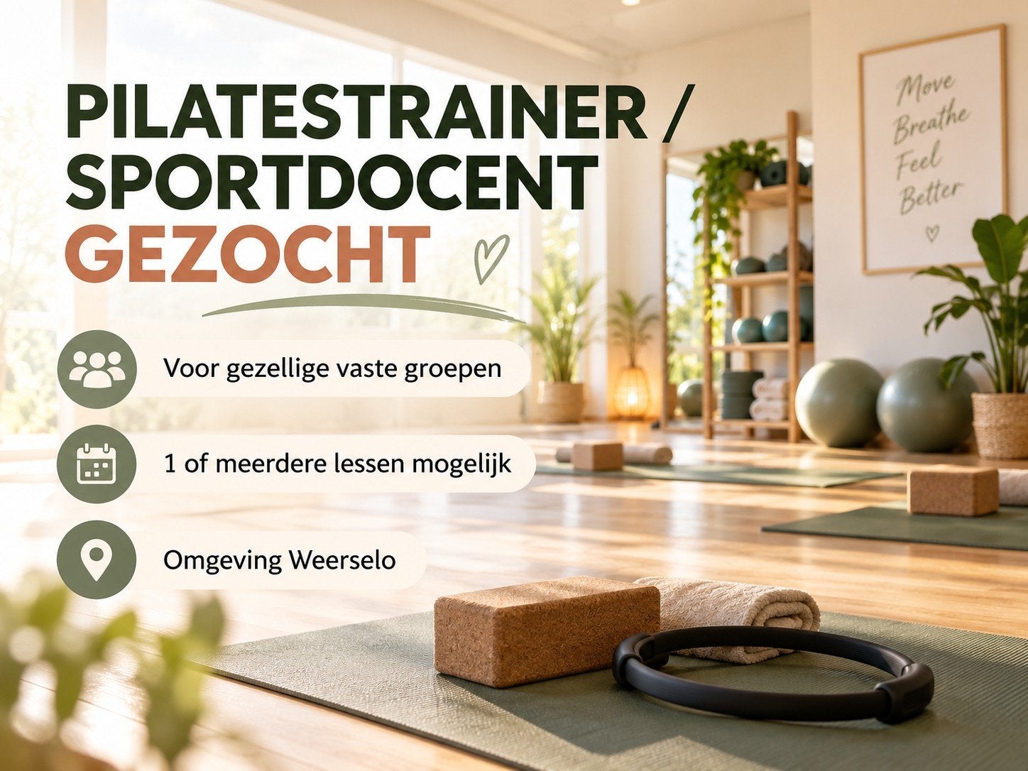 Pilates- of sportdocent gezocht – Weerselo - vaste groepen, Sport en Fitness, Ophalen of Verzenden, Nieuw, Overig