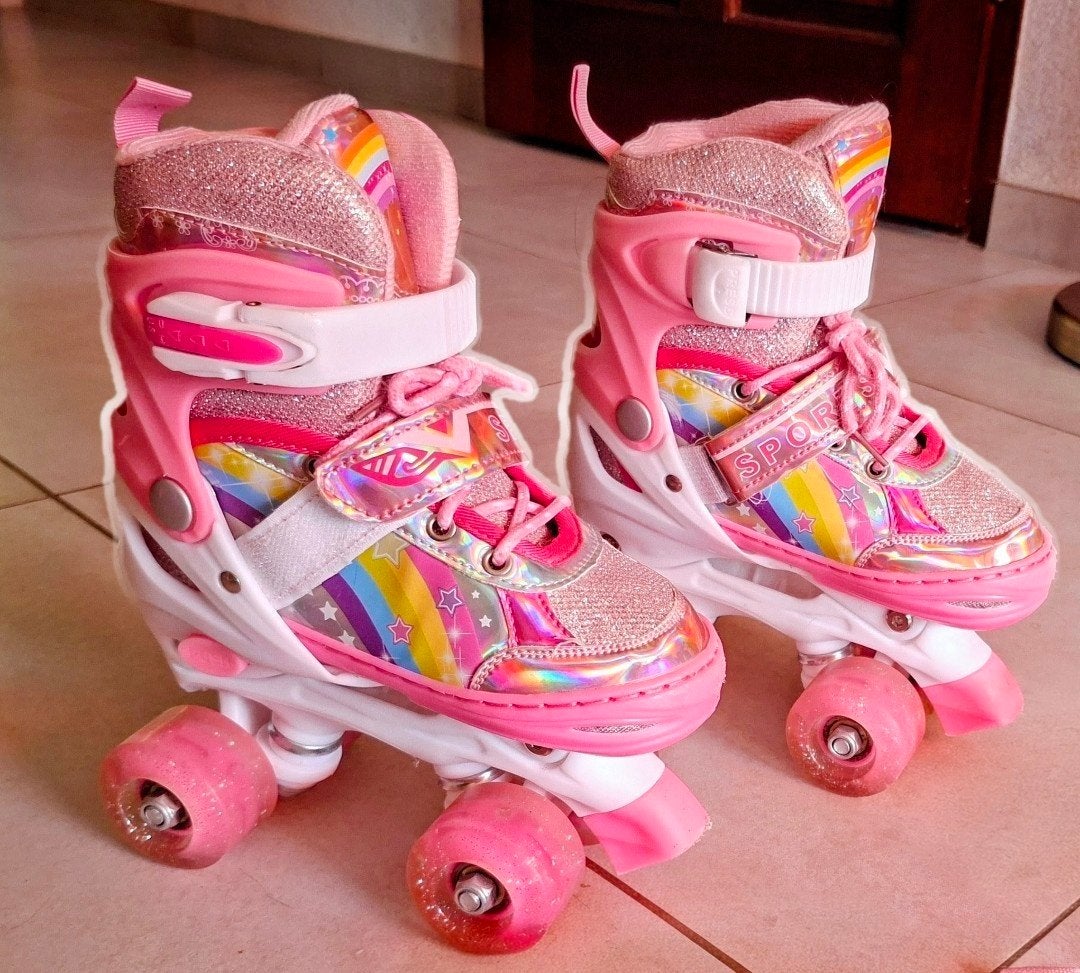 Rolschaatsen met Licht Verstelbare Roze en kniebeschermers, Ophalen, Verstelbaar, Kinderen, Zo goed als nieuw