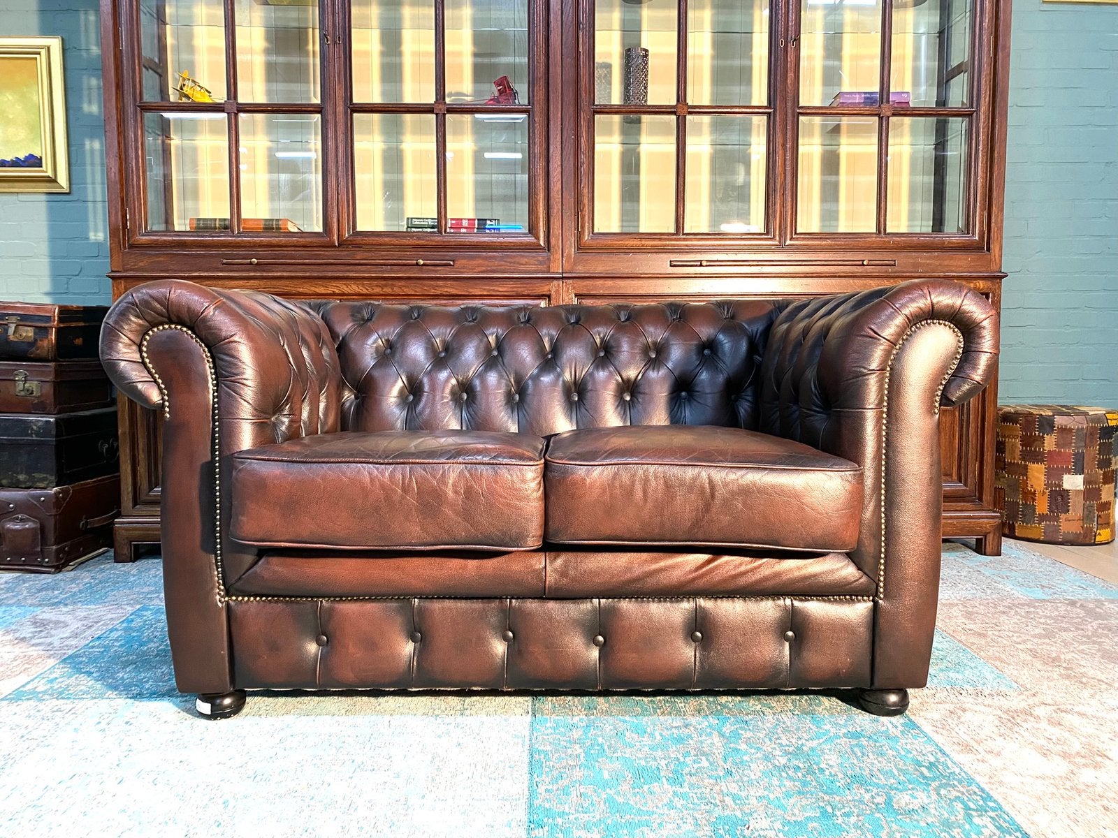 Compacte Chesterfield bank bruin gevlamd, Ophalen, Gebruikt, Rechthoekig, Leer
