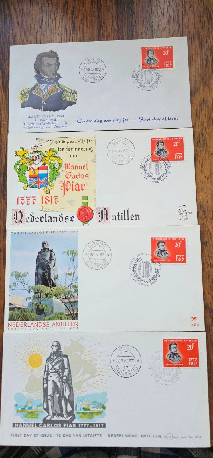 4 FDC's Nederlandse Antillen E46 - Manuel Carlos Piar, Postzegels en Munten, Verzenden