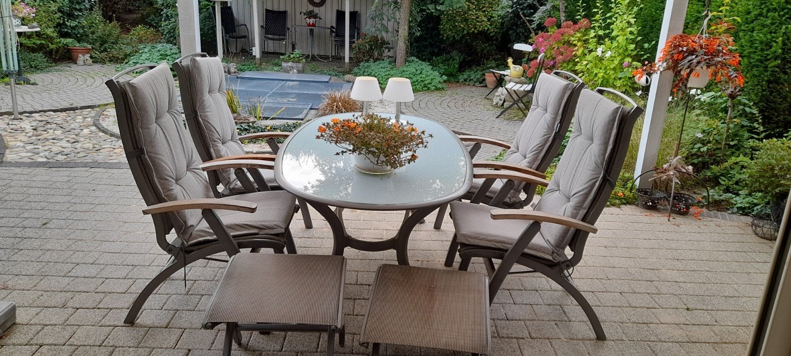 Hartman tuinset met 4 verstelbare stoelen en glazen tafel