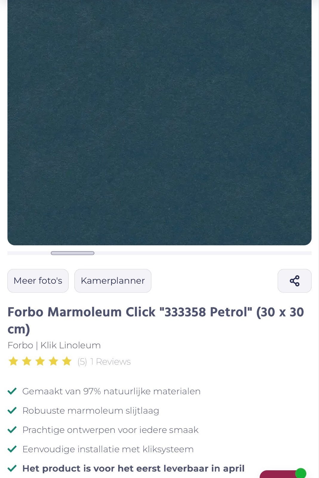 Forbo Marmoleum Click Petrol 30x30cm - 1 pak (0,63 m2), Ophalen, Minder dan 50 cm, Gebruikt, 50 tot 100 cm