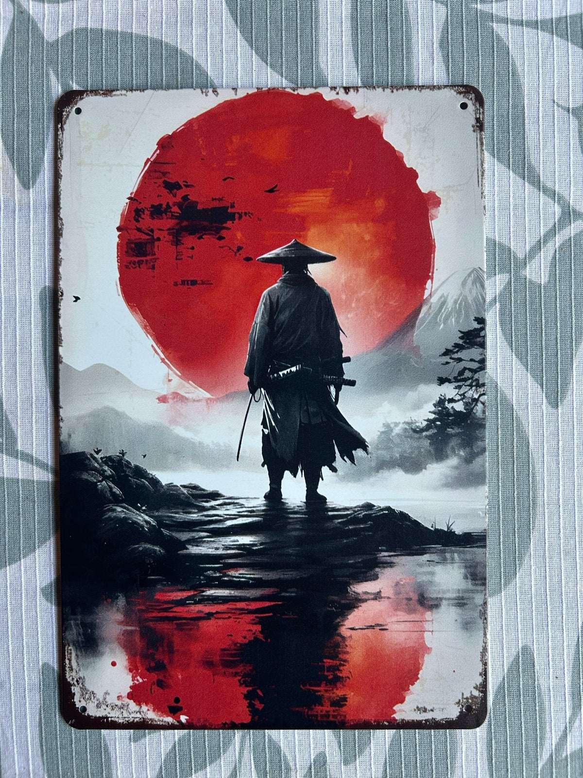 Metalen wanddecoratie Samurai met rode zon 20x30 cm, Metaal, Oosters, Meerkleurig, Decoratieobject
