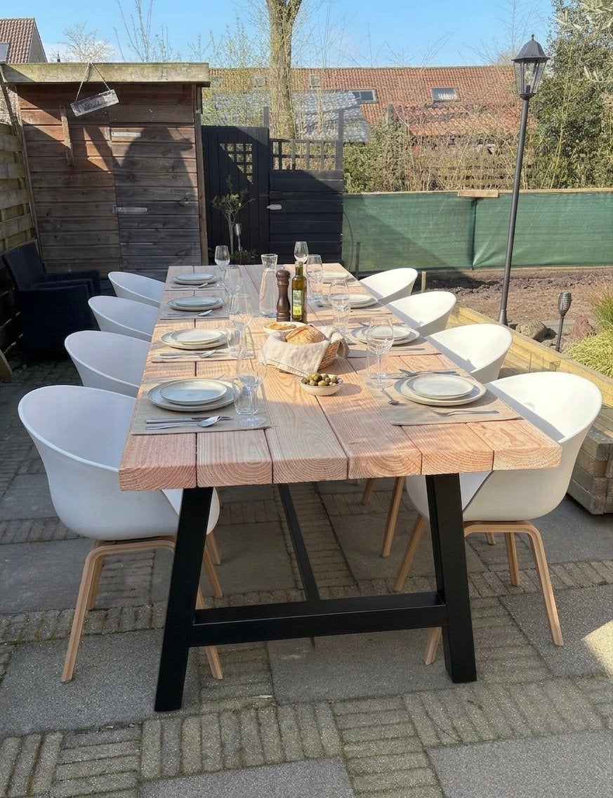 Douglas Tuintafel Industrieel Maatwerk - Stalen A-Poten, Tuin en Terras, Tuintafels, Ophalen, Nieuw, Rechthoekig, Hout