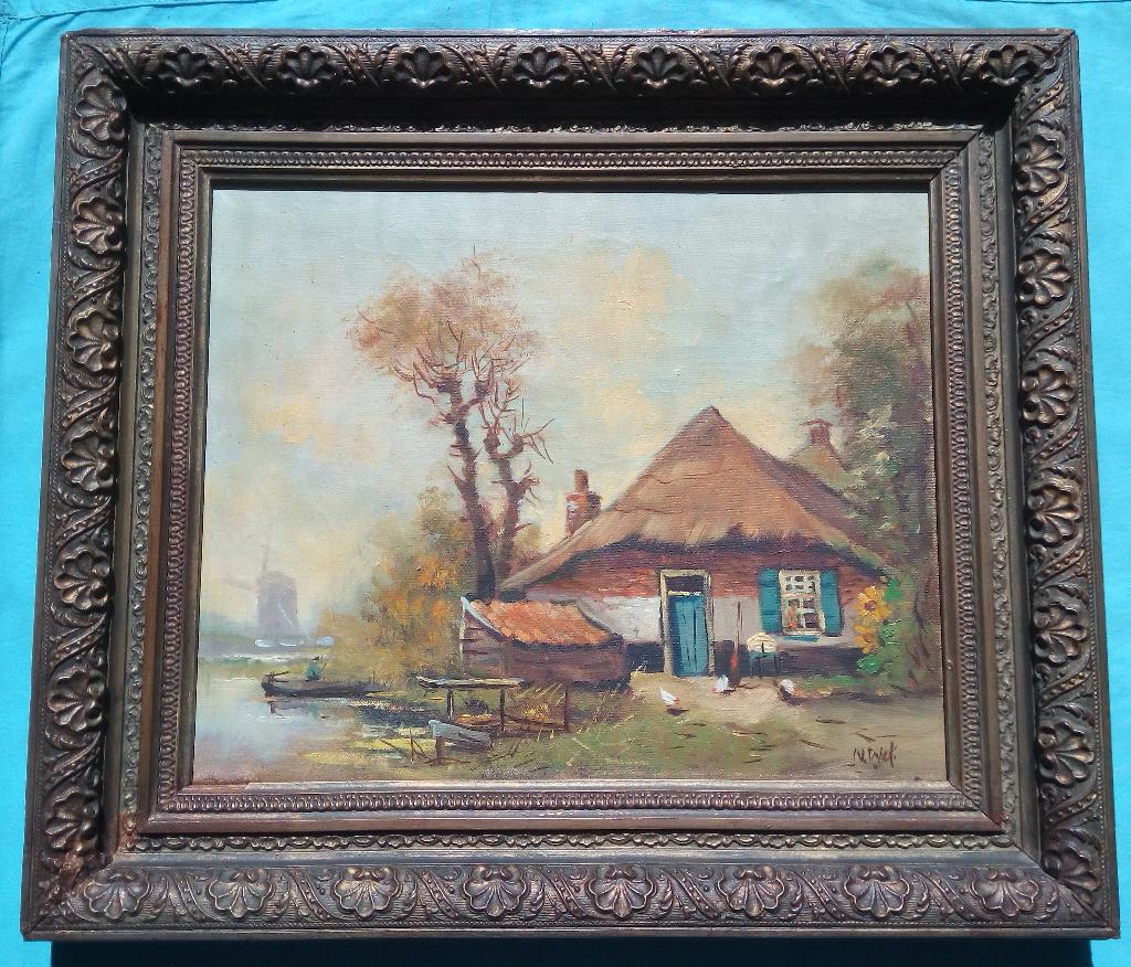 SCHILDERIJ 1930 BOERDERIJ WATER MOLEN BOOT KIPPEN GESIGNEERD, Verzenden