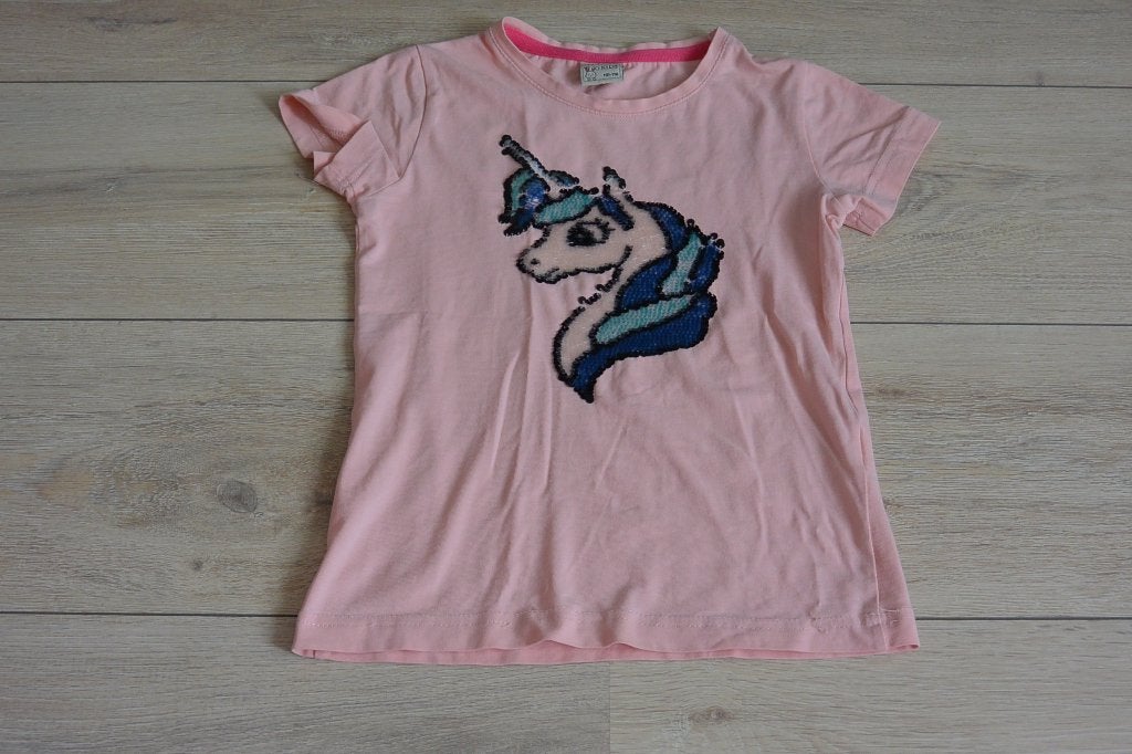 Lichtroze unicorn pailletten shirt - maat 110/116, Kinderen en Baby's, Kinderkleding | Maat 110, Gebruikt, Meisje, Happy Kids