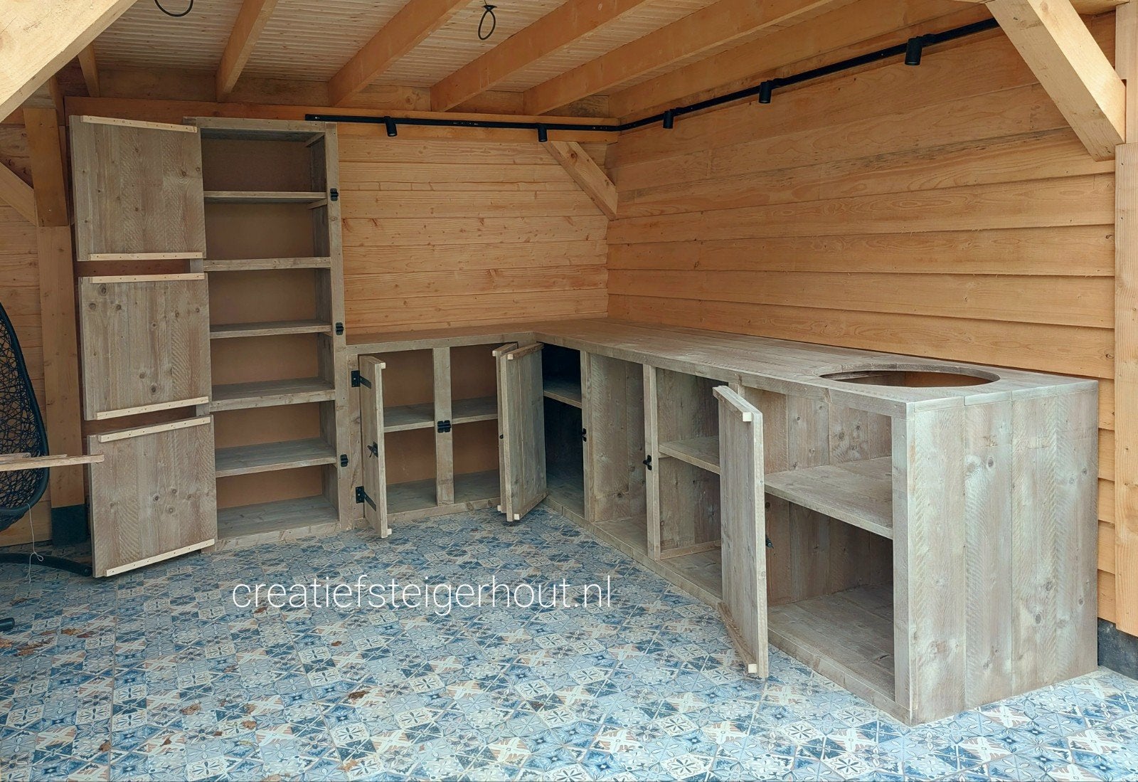 Buitenkeuken steigerhout l vorm kamado overkapping koelkast, Verzenden, Nieuw, Houtskool, Inbouw