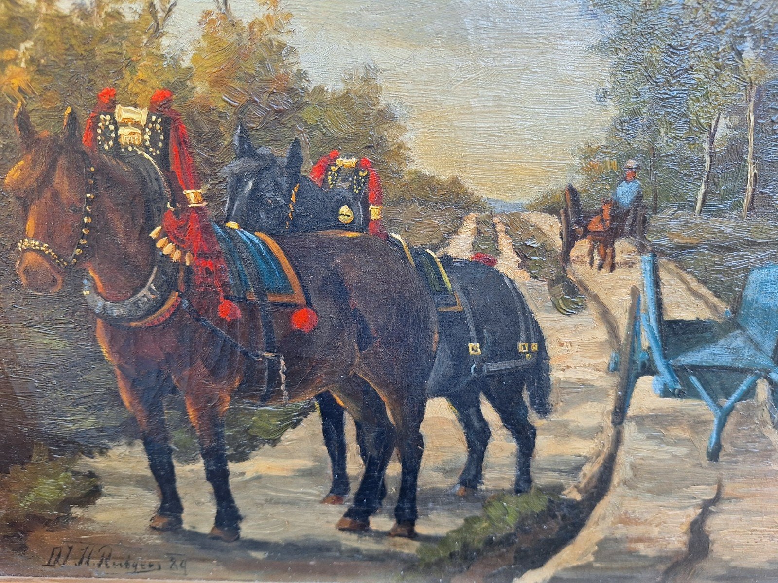 Schilderij Friese paarden door Rutgers 1884, Doek, Dieren, Ophalen of Verzenden, Gesigneerd