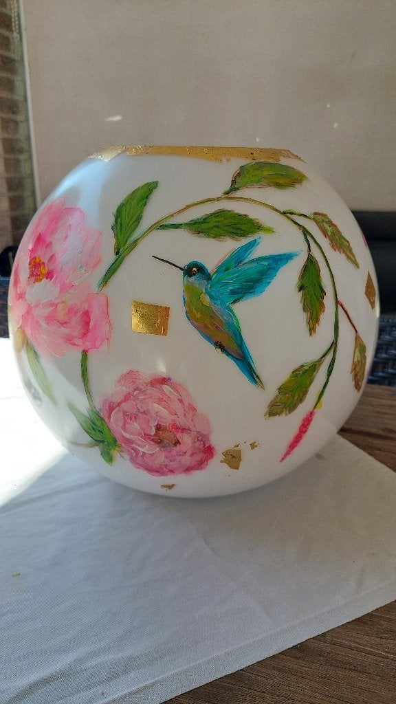 Unieke Handbeschilderde Vaas met Bloemen en Kolibrie, Meerkleurig, Nieuw, Ophalen of Verzenden, Glas