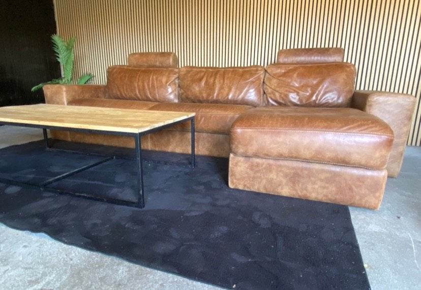 !!ACTIE!! BRUINE LEREN HOEKBANK, DIRECT LEVERBAAR, Huis en Inrichting, Banken | Bankstellen, Verzenden, Hoekbank, 300 cm of meer
