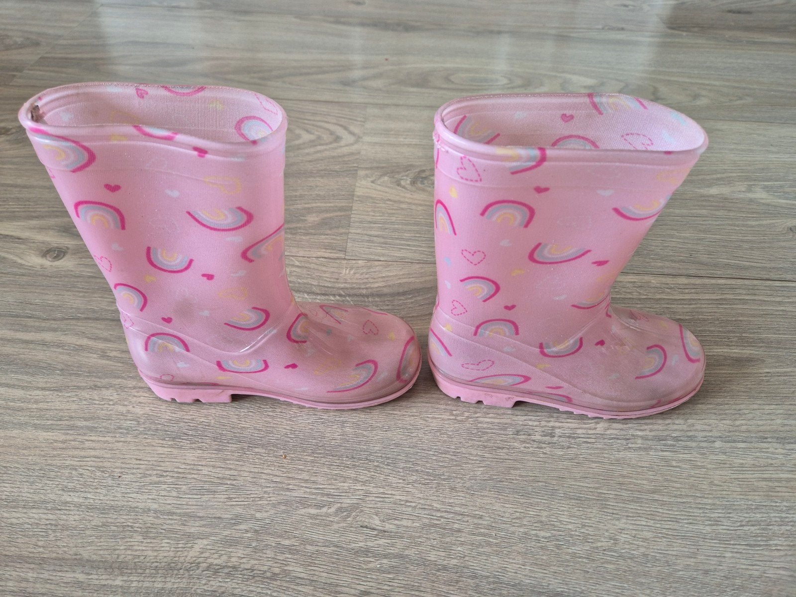 Meisjes regenlaarzen maat 27 roze met regenbogen en hartjes, Ophalen, Gebruikt, Meisje, Laarzen