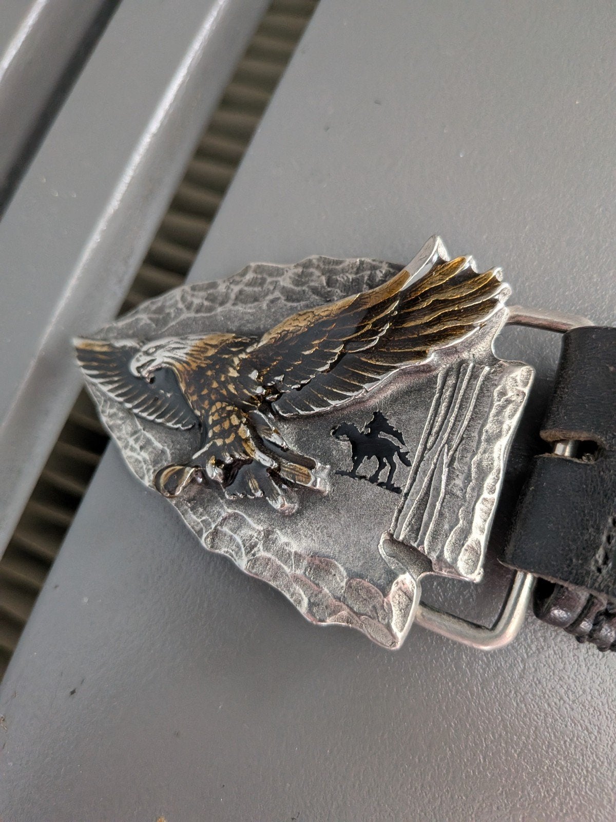 lederen broek riem met adelaar buckle, Riem of Ceintuur, Gedragen, Echt leder, Zwart