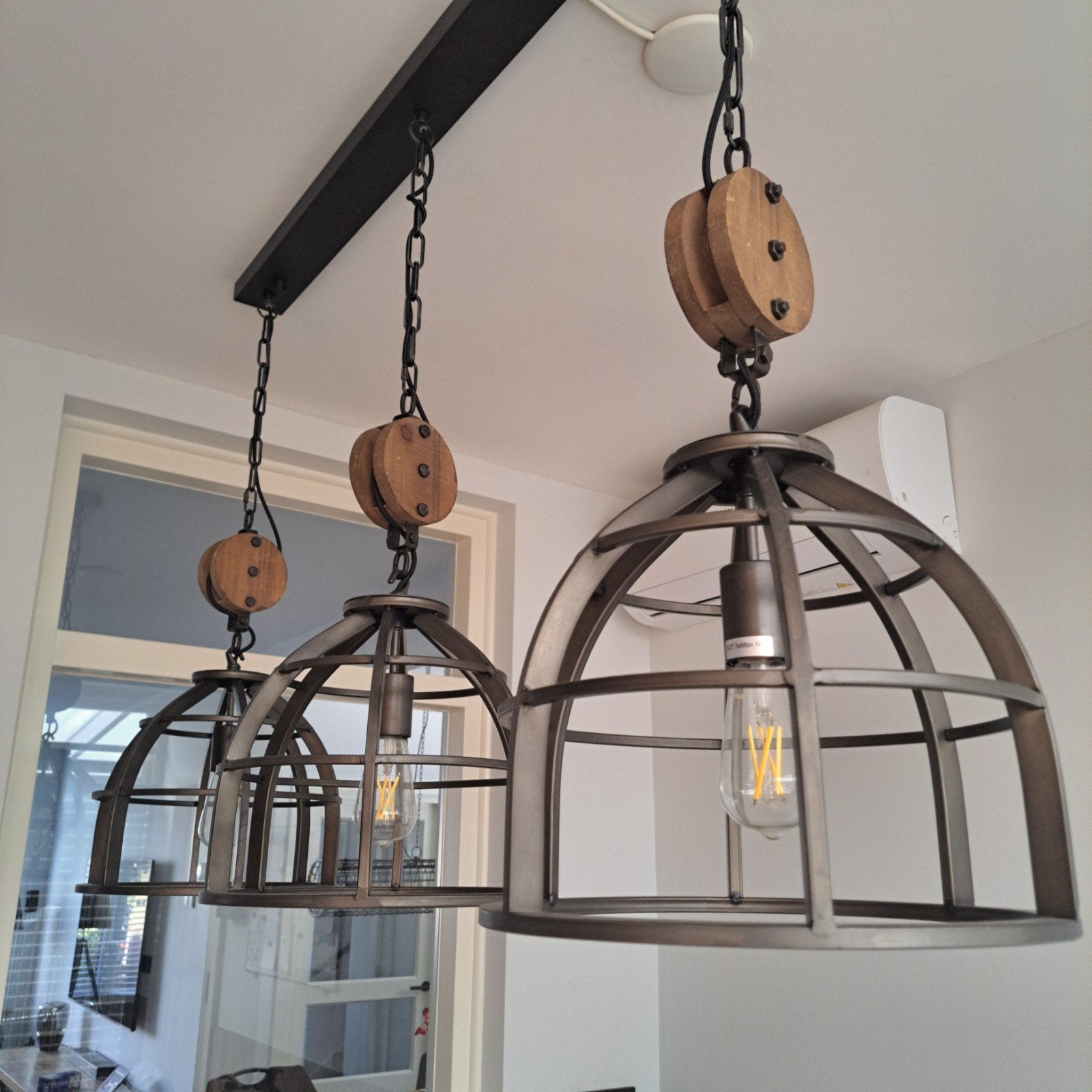 Industriële hanglamp 3-lichts met katrollen, 140cm breed, Ophalen, Gebruikt, E27 (groot), Industrieel