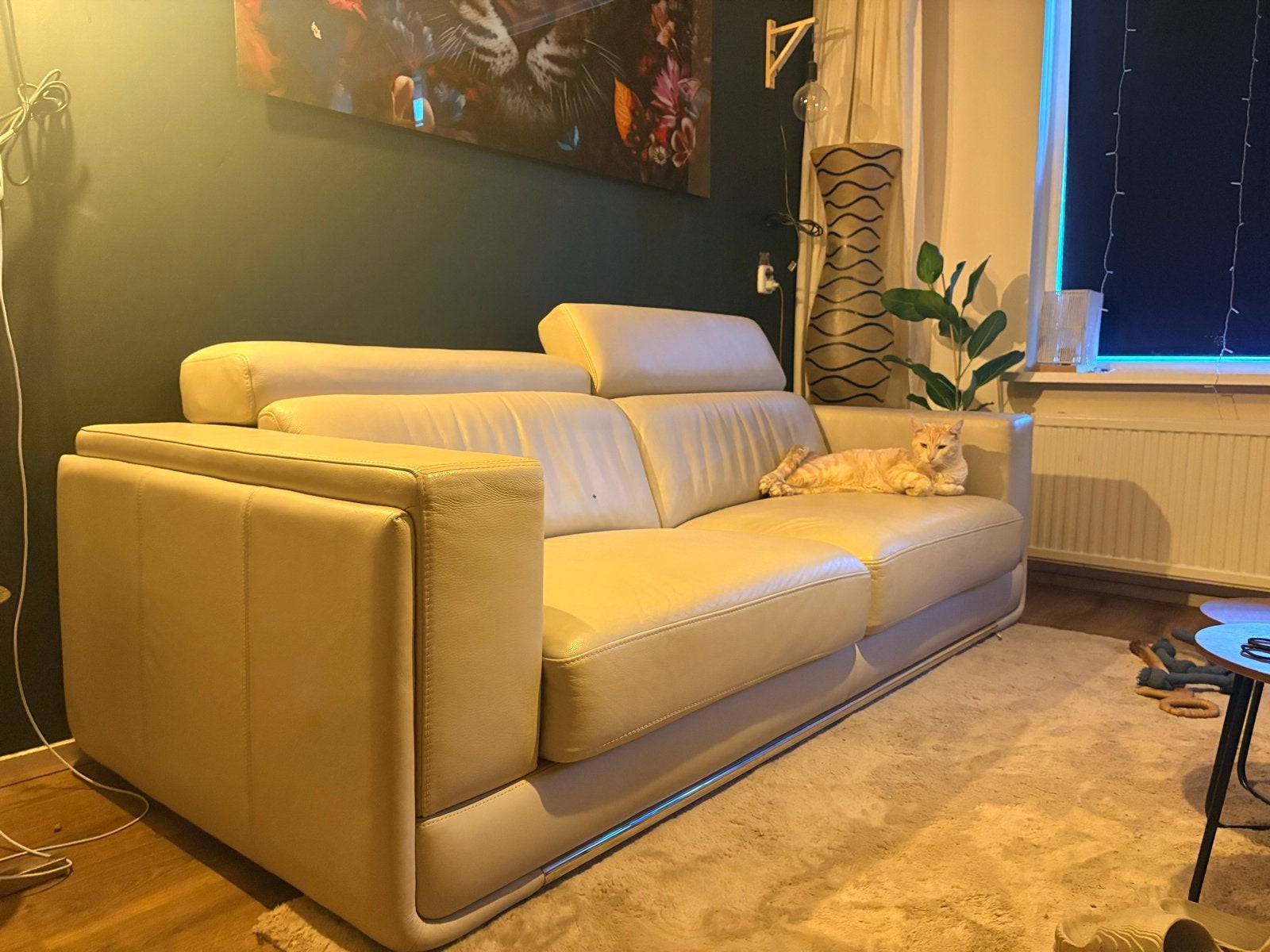 Leren 2,5-zitsbank - Crème/Beige, Ophalen, Gebruikt, Driepersoons, Rechte bank