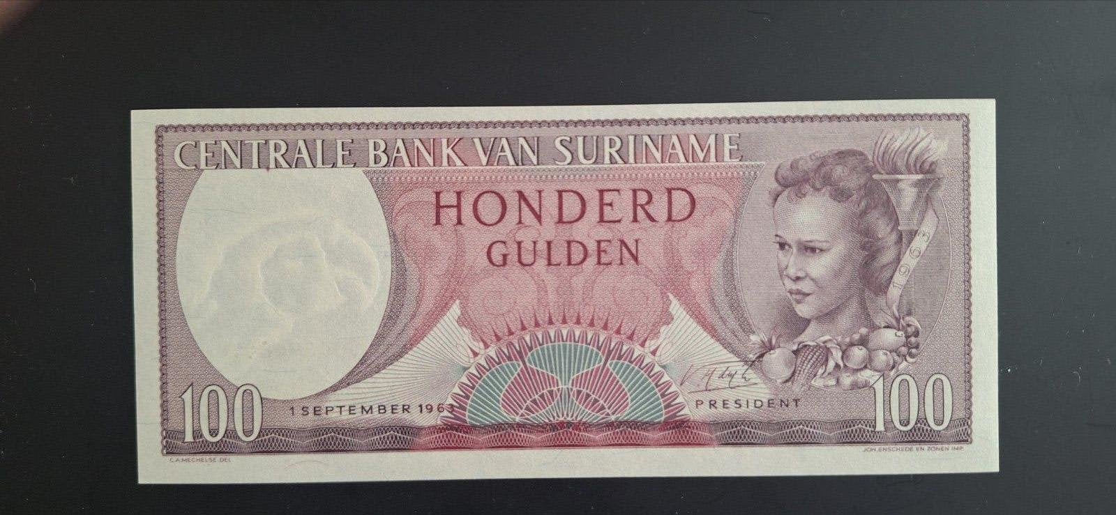 suriname 100 gulden 1963 UNC  TOP, Postzegels en Munten, Ophalen of Verzenden, 100 gulden