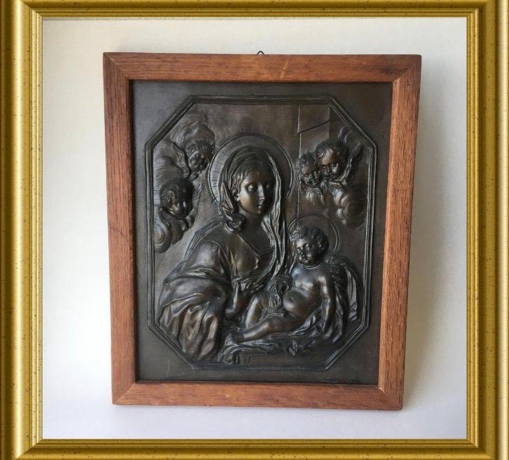 Metalen relief plaat, dun koperen plaquette, icoon: Maria, Ophalen of Verzenden