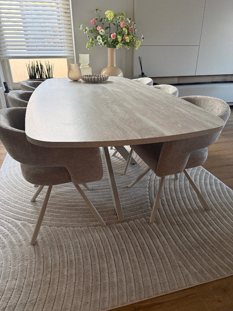 Nieuwe Deens ovale eettafel marmer look blad lengte 210, Ophalen, 100 tot 150 cm, Vijf personen of meer, Ovaal