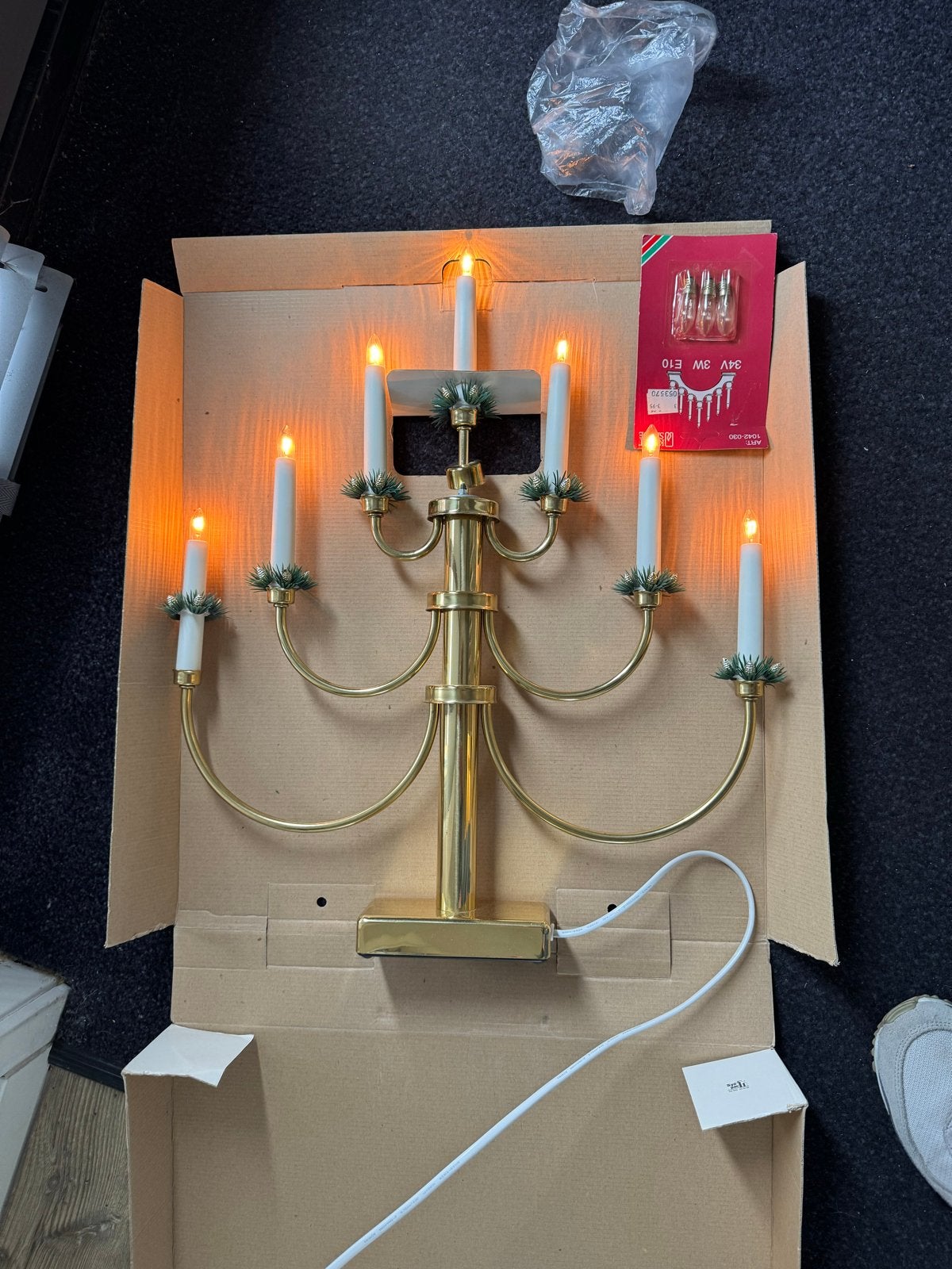 Kerst kandelaar met 7 lampjes - Goudkleurig, Gebruikt, Overige merken, Ophalen of Verzenden, Metaal