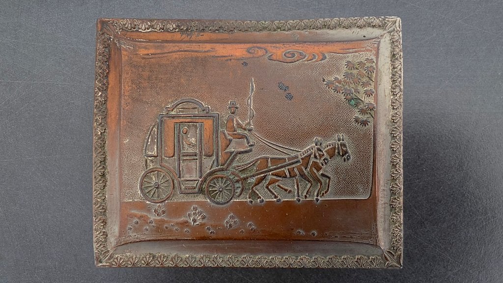 Vintage Verzilverd Sieradendoosje met Koetsdecor en Spiegel, Antiek en Kunst, Curiosa en Brocante, Ophalen of Verzenden