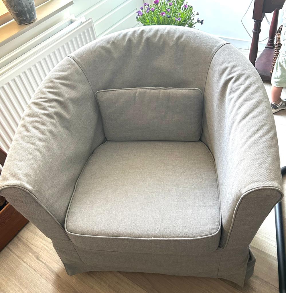 GRATIS Grijze en Blauwe fauteuil, Ophalen, Gebruikt, 75 tot 100 cm, 50 tot 75 cm