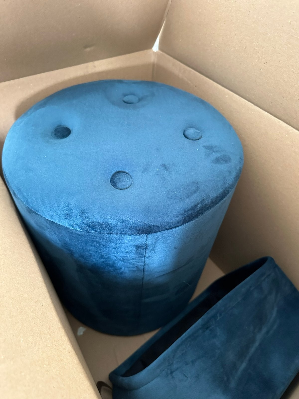 Nieuwe poef met 2 mandjes - Blauw fluweel, Ophalen of Verzenden, Nieuw, Rond, Stof