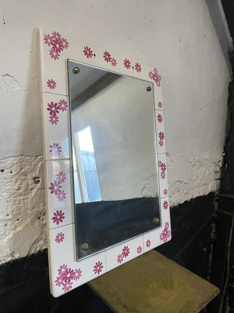 Set vintage spiegel en planchet Porcelaine Paris wit roze, Ophalen, Minder dan 50 cm, Gebruikt, Minder dan 100 cm