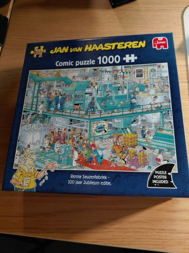 jan van haasteren remia sauzenfabriek puzzel met poster, Ophalen of Verzenden, 500 t/m 1500 stukjes, Nieuw, Legpuzzel