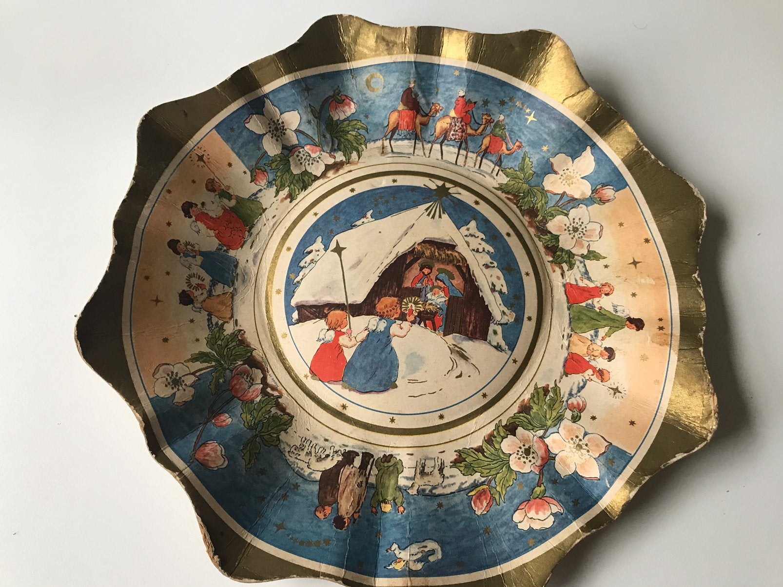 Oud mooi kartonnen kerstbord,koekjesschaal,germany, Ophalen of Verzenden