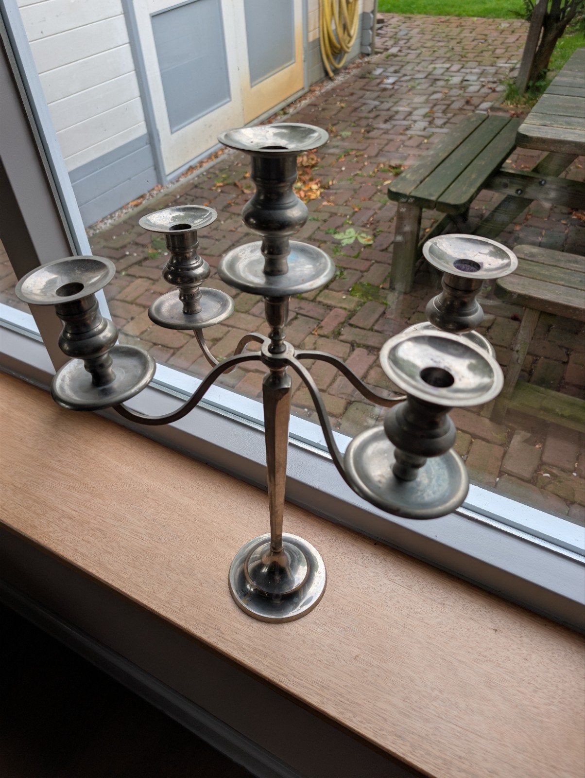 Antieke Vijfarmige Kandelaar - Zilverkleurig Metaal, Antiek en Kunst, Ophalen of Verzenden, Overige materialen