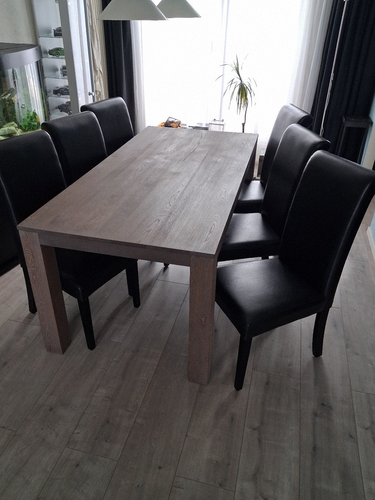 Grey wash eiken eettafel met 6 leren stoelen, Ophalen, 50 tot 100 cm, Zo goed als nieuw, Vijf personen of meer