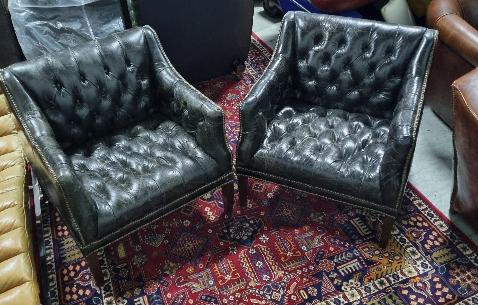 2 Chesterfield fauteuils vintage zwart + BEZORGING GRATIS, Gebruikt, ., Chesterfield, Ophalen of Verzenden