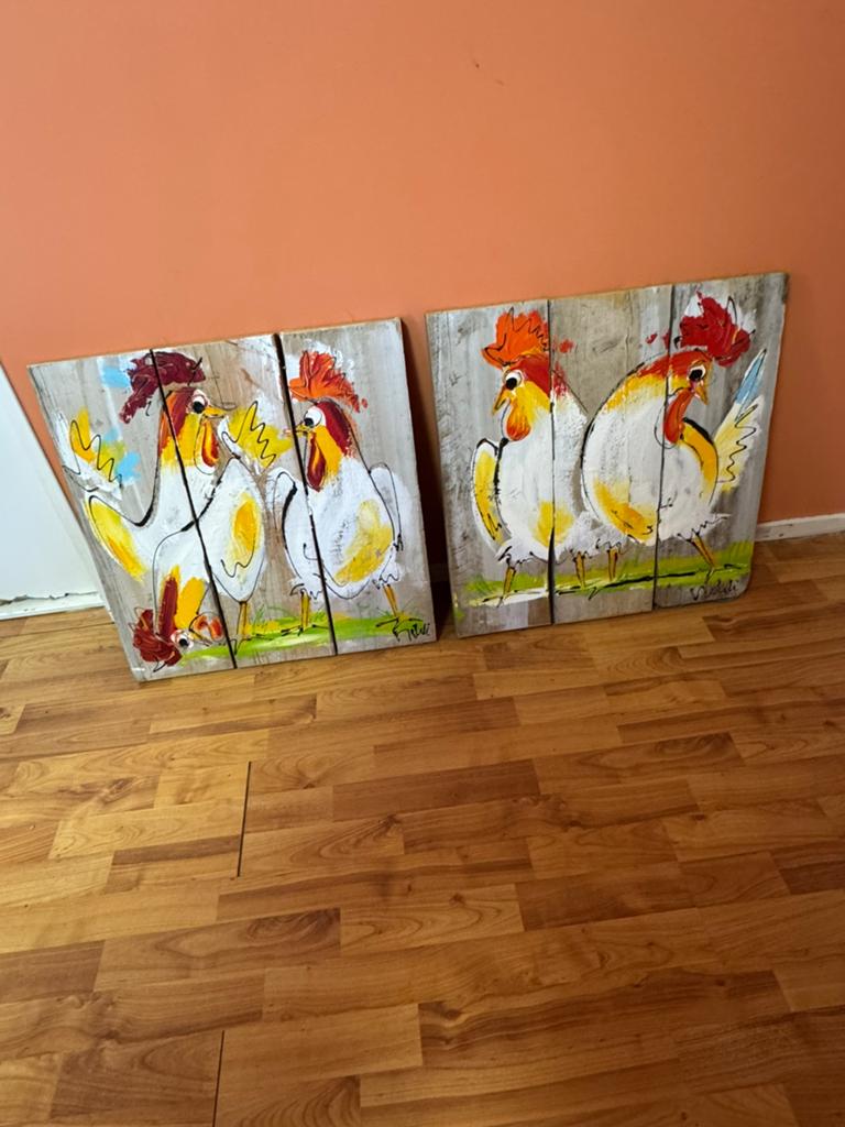 Schilderij van steigerhout met Kippen, Ophalen