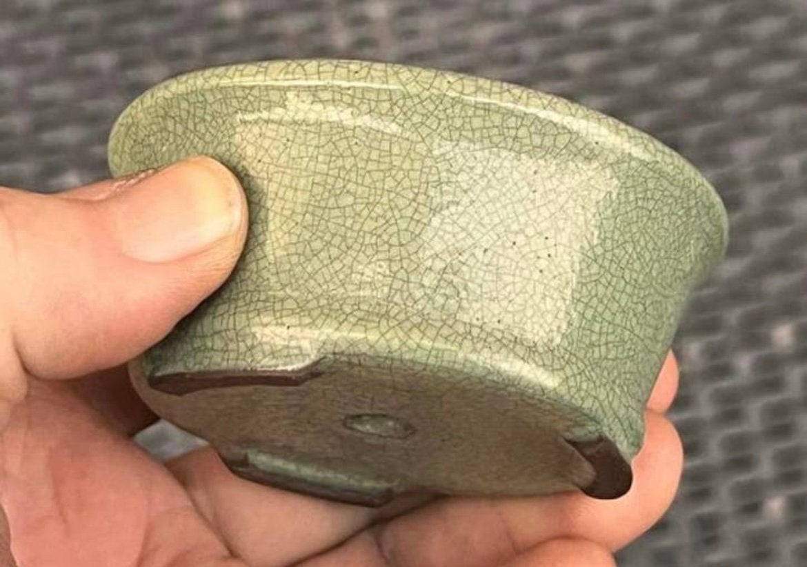 Bonsai pot rond groen geglazuurd craquelé effect 8,4x3,6, Tuin en Terras, Rond, Ophalen of Verzenden, Zo goed als nieuw, Aardewerk