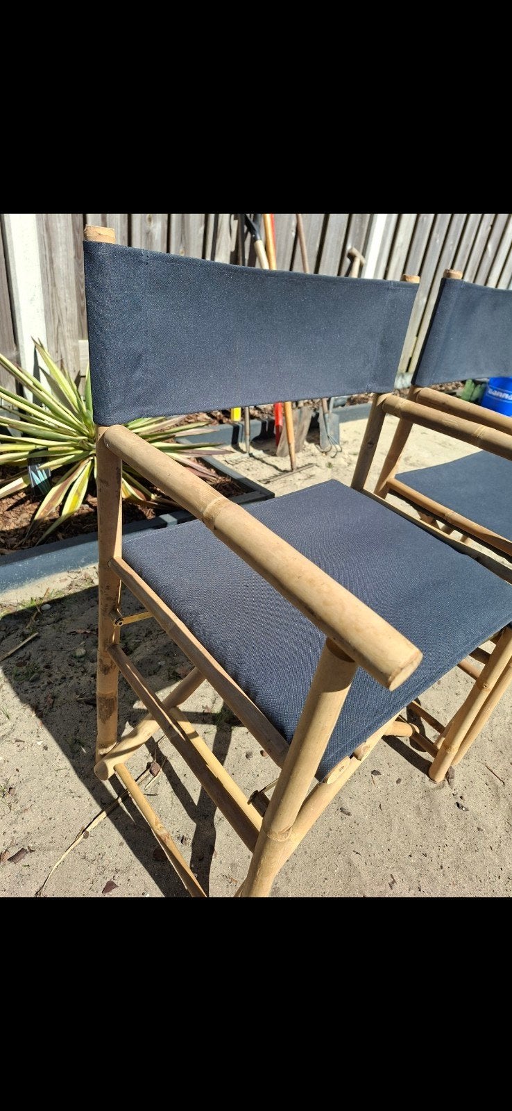 Set van 2 bamboe regisseursstoelen met blauwe stof, Ophalen, Hout, Gebruikt, Twee