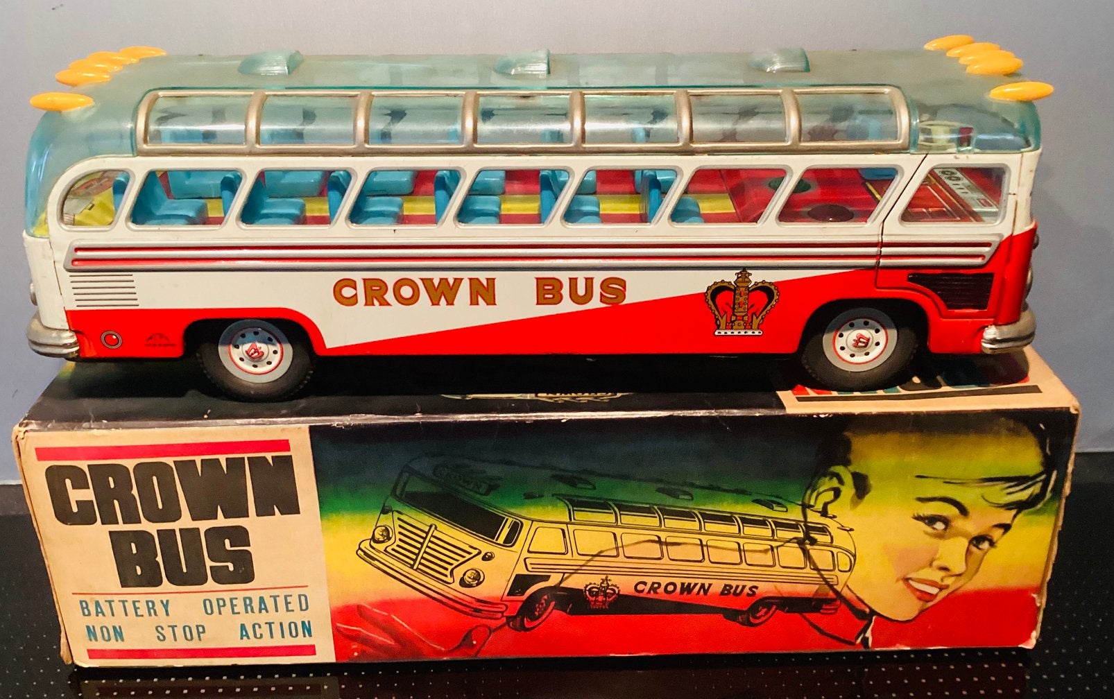 Vintage 1960 grote Blikken Crown Bus, 36cm, Alps,Japan,OVP, Antiek en Kunst, Antiek | Speelgoed, Ophalen
