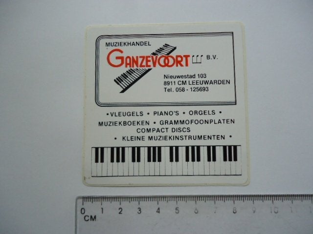 sticker oud Leeuwarden GANZEVOORT piano orgel plaat vinyl, Verzenden, Zo goed als nieuw, Bedrijf of Vereniging