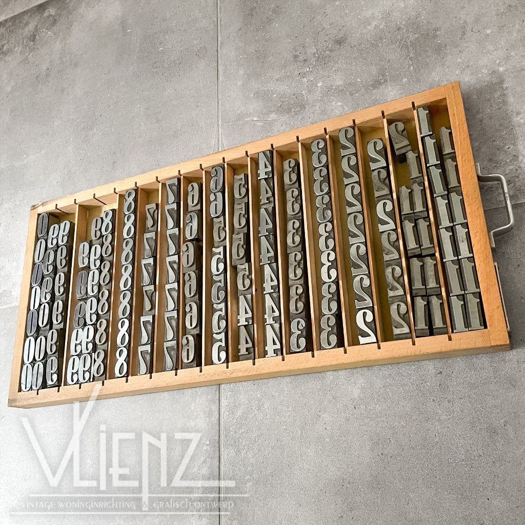 Vintage, industriële houten letterbak met druk cijfers, Ophalen