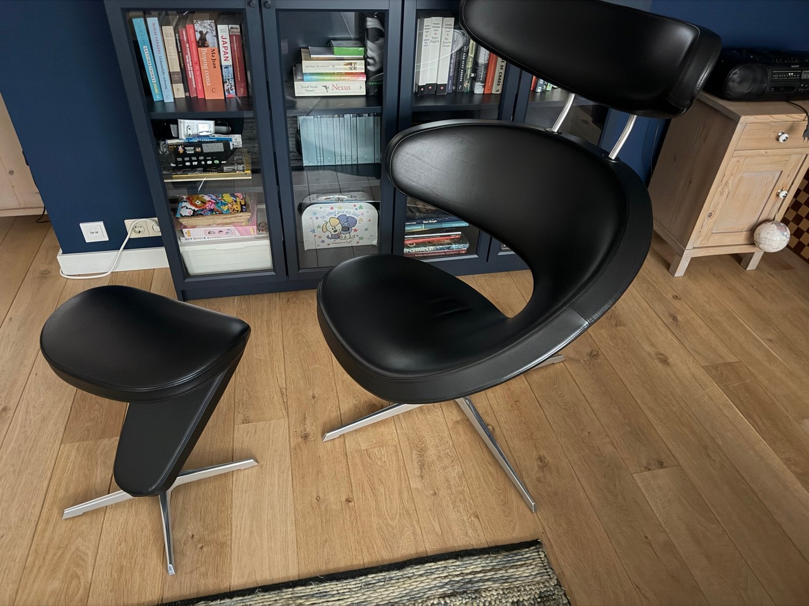 Stokke Peel fauteuil met kruk - Zwart leer, Ophalen, Gebruikt, Zwart, Leer