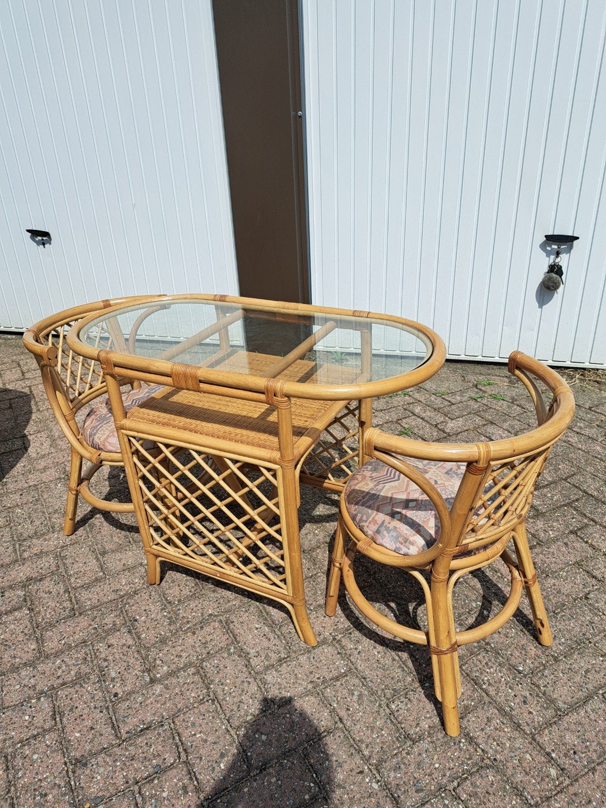 Vintage rotan bistroset, Rotan, Zo goed als nieuw, Tuinset, Eettafel