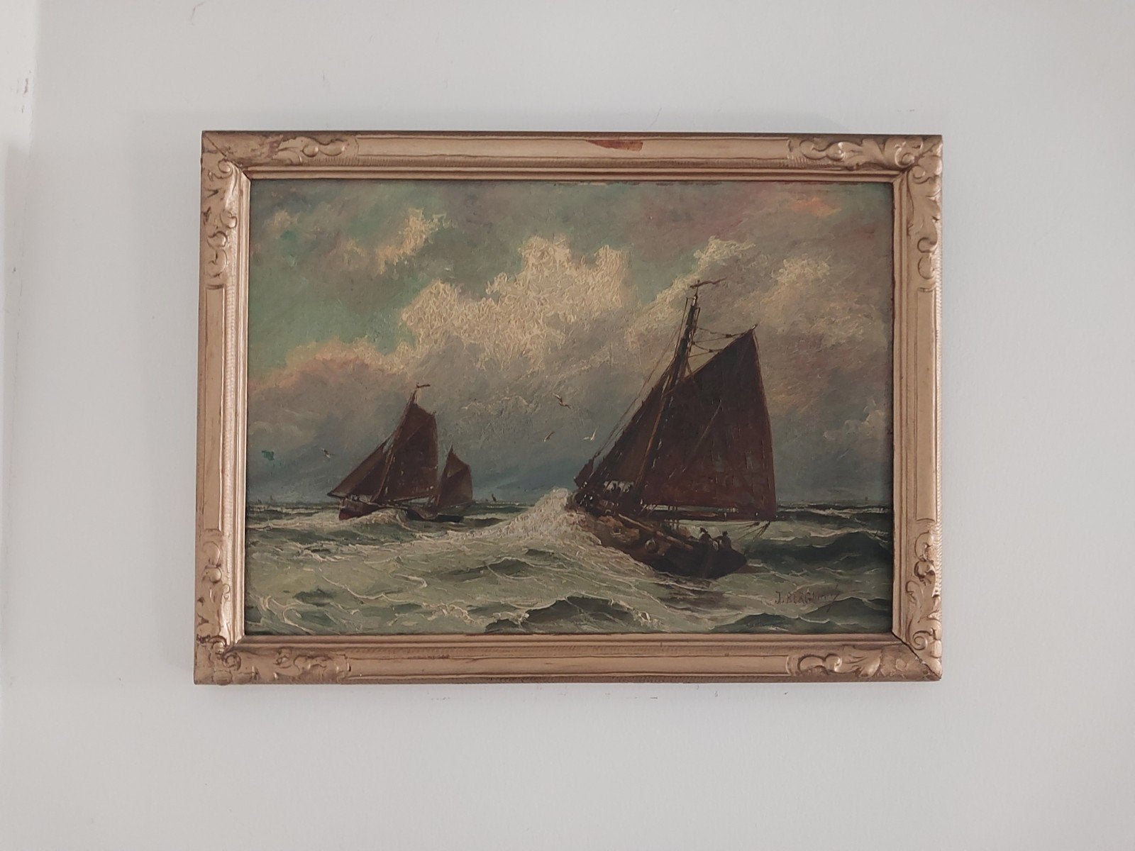 Schilderij J. BERGMANS - Schepen op woelige zee (47x35 cm), Antiek en Kunst, Kunst | Schilderijen | Klassiek, Ophalen