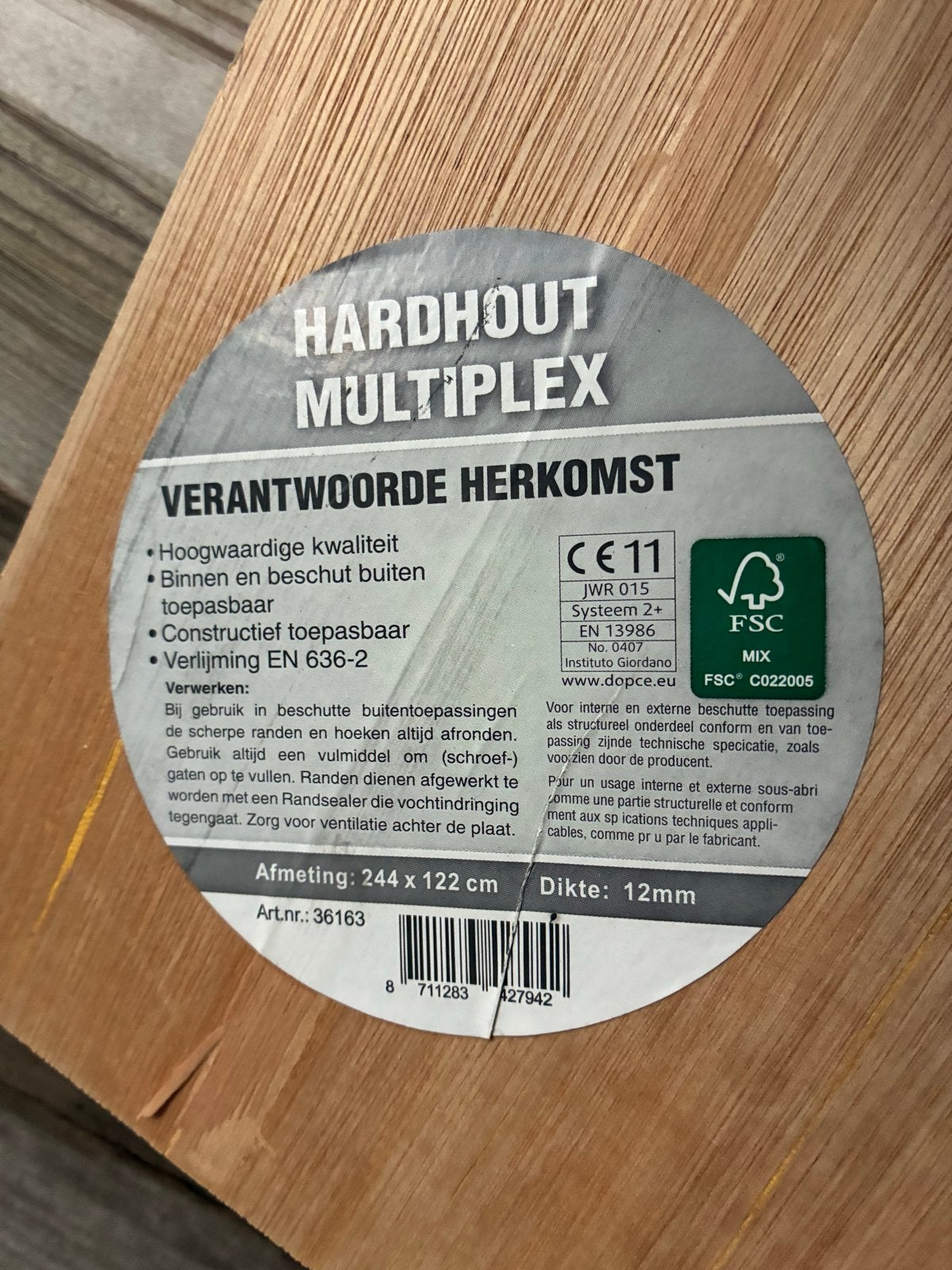 Multiplex plaat hardhout 244x122 cm - 12 mm dik, Doe-het-zelf en Verbouw, Hout en Planken, Ophalen, Minder dan 25 mm, Overige typen